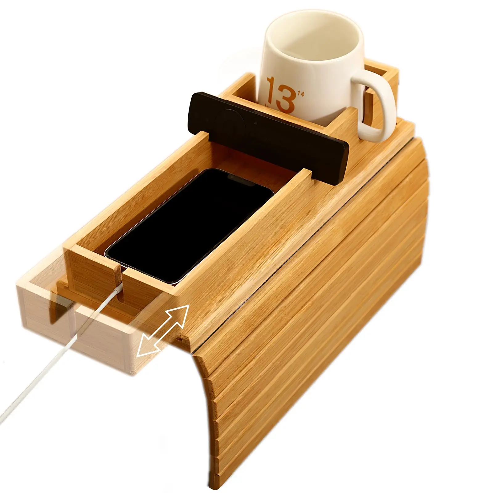 2-in-1 Bamboo Sofa Armrest Tray Detachable Cup Holder Anti-Fall Tray Foldable Design for Phone Snacks Remote Storage Trays
