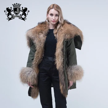 Fashion women winter parka coats army green parka jacket fur lining real raccoon fur parka