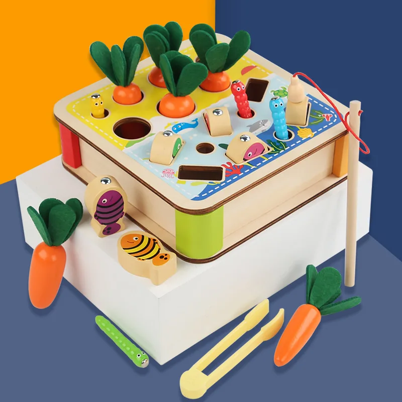 3-in-1 Holzspielzeug für die frühkindliche Bildung, Karottenziehen, Angeln, Insektenfang, Montessori-Holzspielzeug zur Feinmotorikförderung