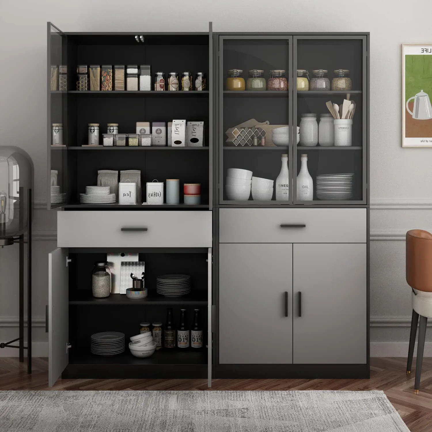 Freestanding Kitchen Pantry Storage Containers with Glass Door Wood Sideboard Buffet and Credenza for Dining Organization