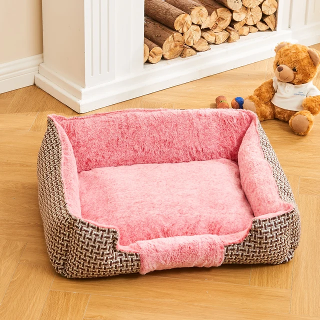 Luxury Eco-Friendly Linen Pet Bed Soft Comfortable Dog Kennel Solid Pattern Four Seasons Warm Cat Cushion Solid Fiber Material