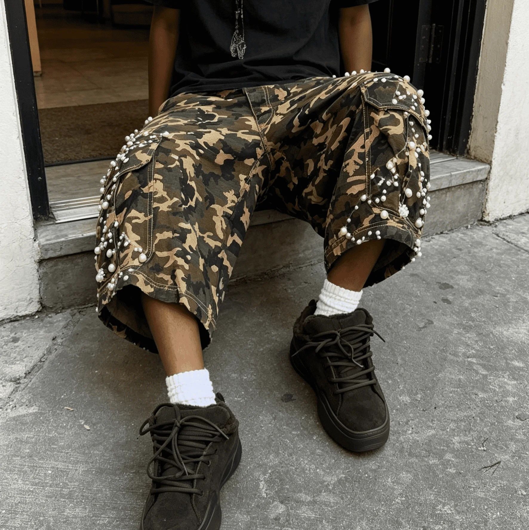 Custom Y2K Streetwear Pearl Embellished Dark Camouflage Drawstring Oversize Multi Pocket Loose Fit Summer Men Cargo Capri Shorts gallery 3