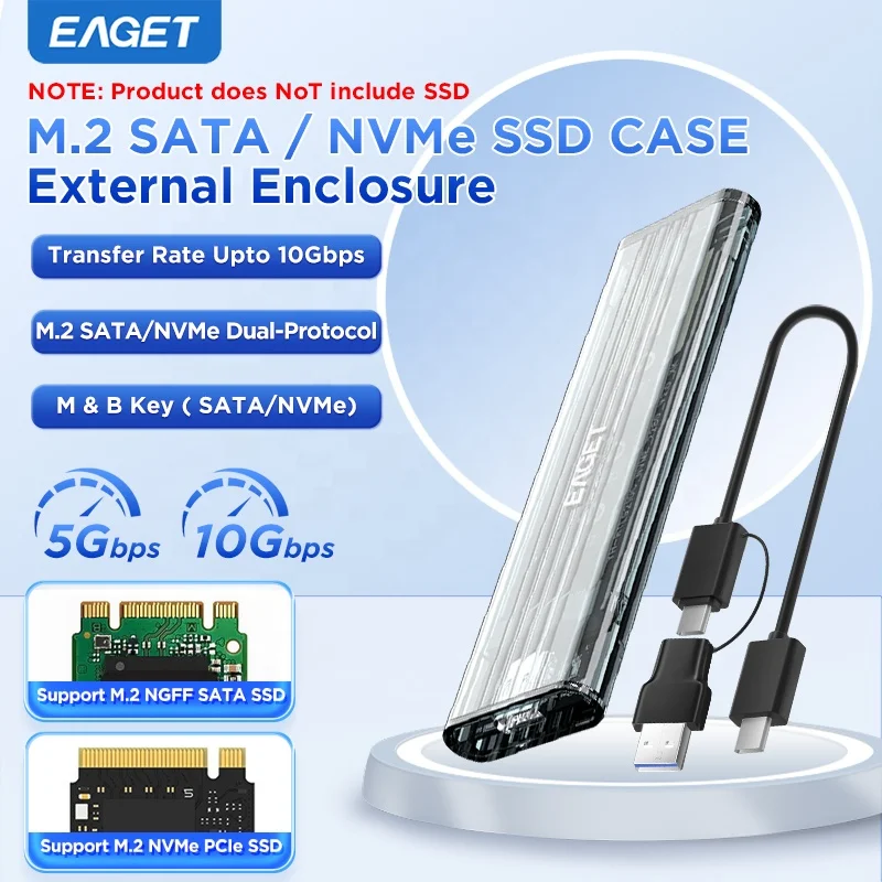 EAGET SE150D Portable M.2 SATA NVMe SSD Enclosure Case, 10Gbps