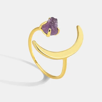 18K Gold Plated Moon Star Ring Stone Natural Gemstone Amethyst Stone Ring Adjustable Ring Gold Plated