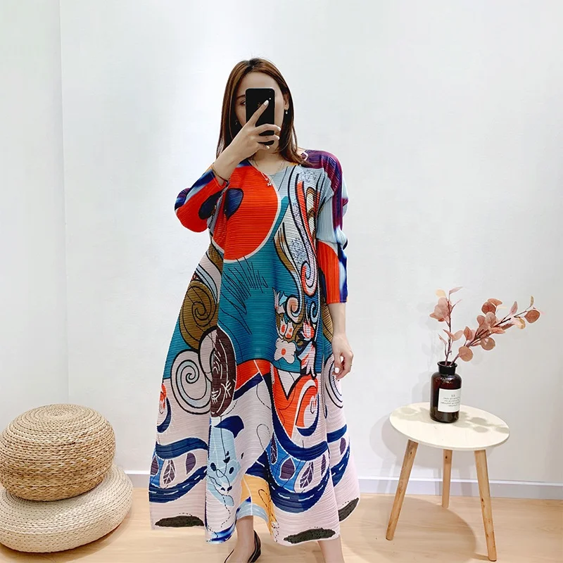Popular Miyake Large Size Printing Temperament Pleated Skirt Female Dress