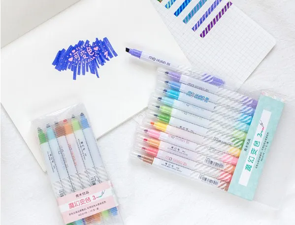12pcs Creative Magic Color Highlighter Pen Color Changeable Hand Account Marker Pen Set Dual Tip Fluorescent Pen