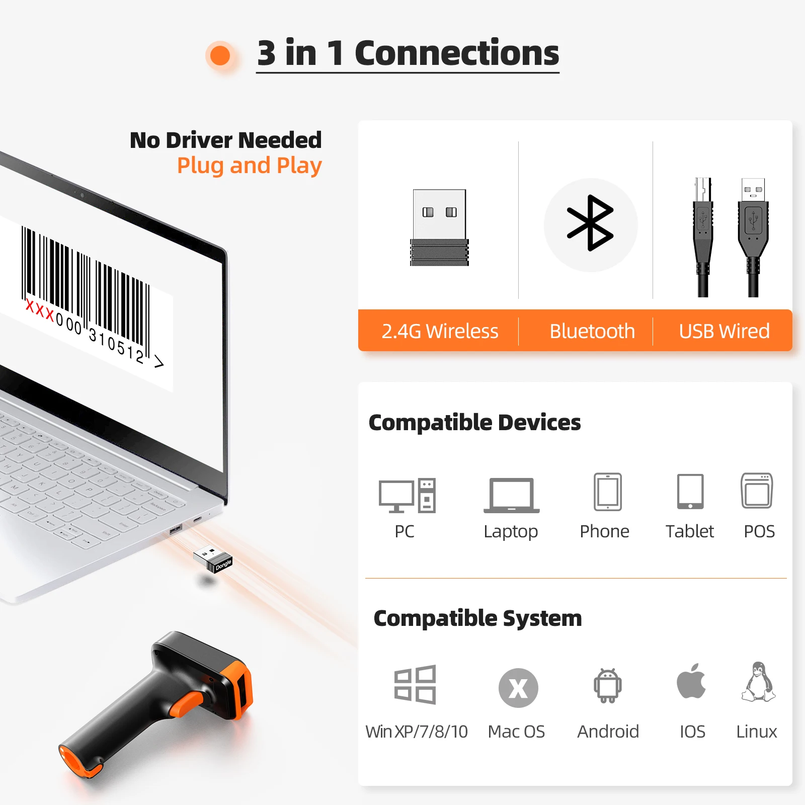 Scanner Codici A Barre 3 In 1 Portatile – BT, 2.4G E USB Con Batteria 650 MAh Per Windows, Android, Mac E IOS
