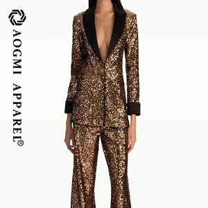 AOGMI Haute Couture Fashion Women's Lapel Long Sleeve Sequin Jacquard Texture Exquisite Blazer Windproof 3D Embroidery Suit