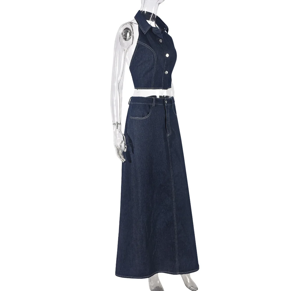 Women’s Summer Denim Two-Piece Set with Halter Crop Top and Maxi Skirt