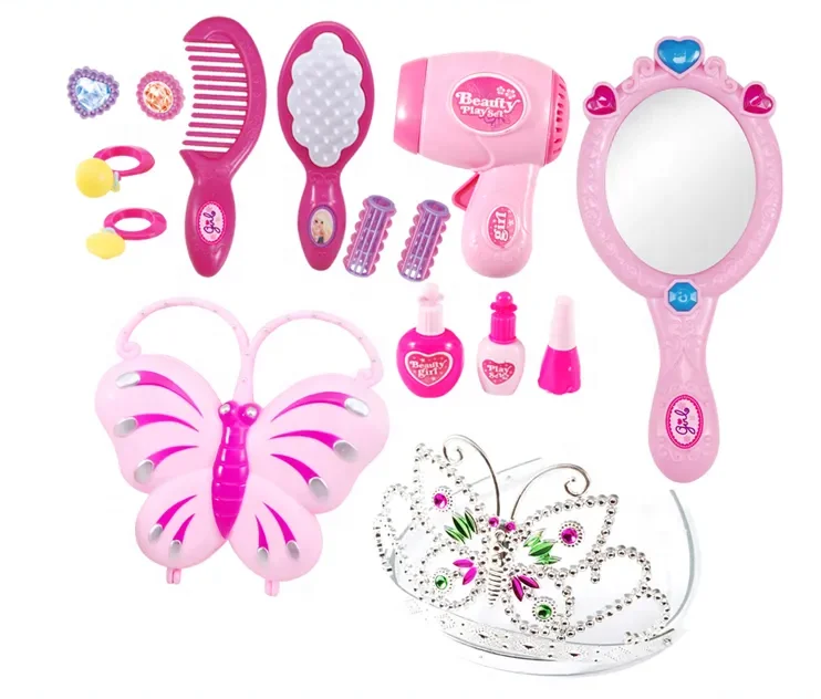 Jewelry Toys Play Set Hair Dryer Crown Girls Makeup Games with Lights Sound