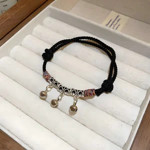 Ethnic Style Black Braided Bracelet with Silver Bell Pattern Charm Handmade Adjustable Rope Bracelet Women Unique Tribal Jewelry