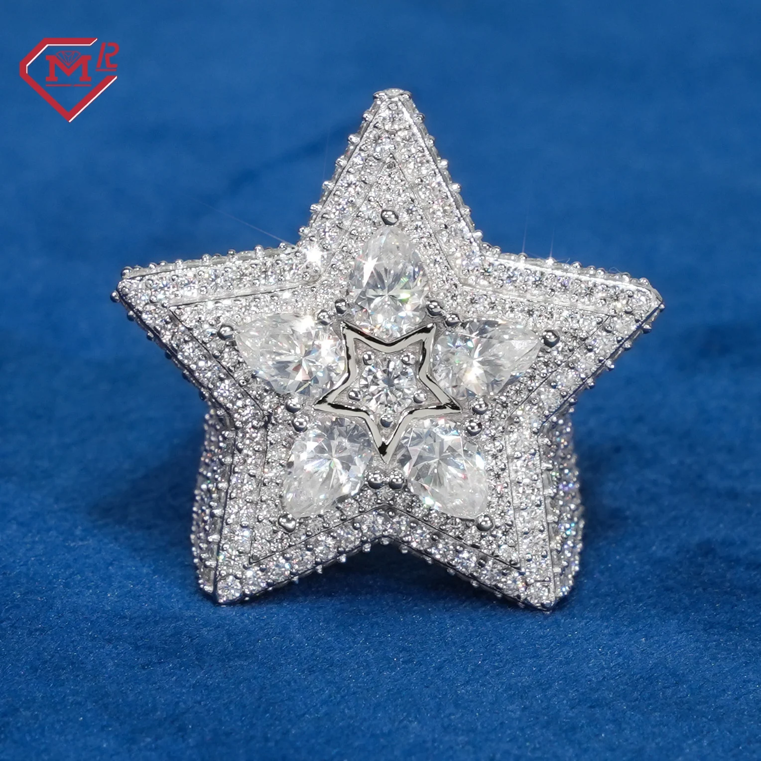 Hiphop Hombres Custom Star VVS Iced Out Diamond 925 Silver Champion Moissanite Ring_voghion.com