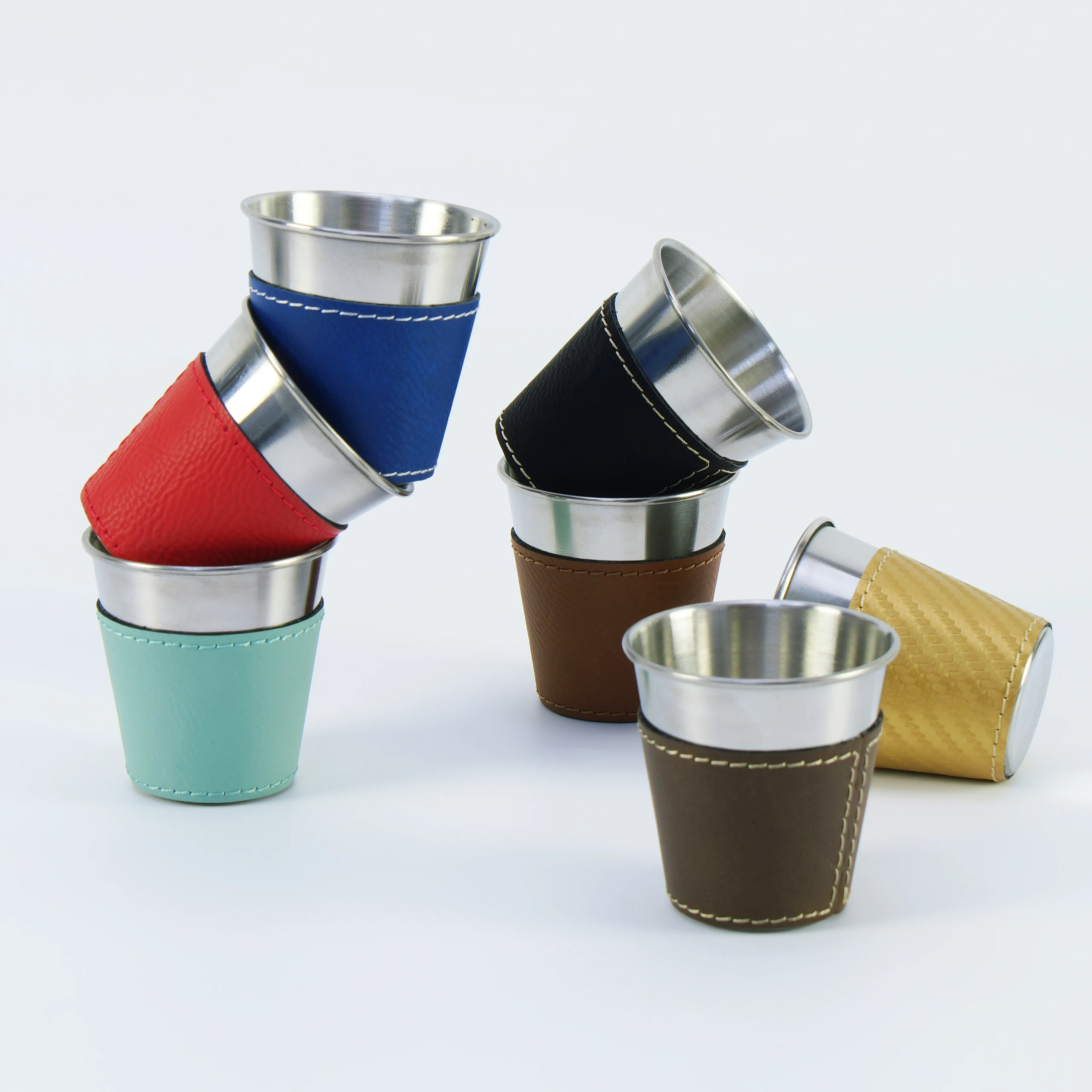 Personalized 2 Oz Glass Shots Wholesale High Quality Stainless Steel Mini  Colorful Leather Wrapped Shot Glasses