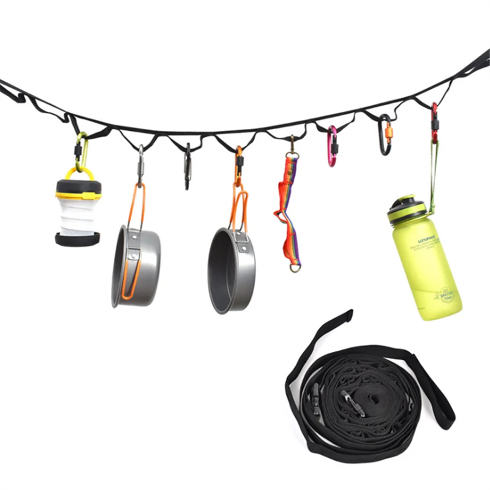 Outdoor Hanging Rope Tent Storage Belt Strap Camping Clothesline Gear Lanyard with 19 Hooks