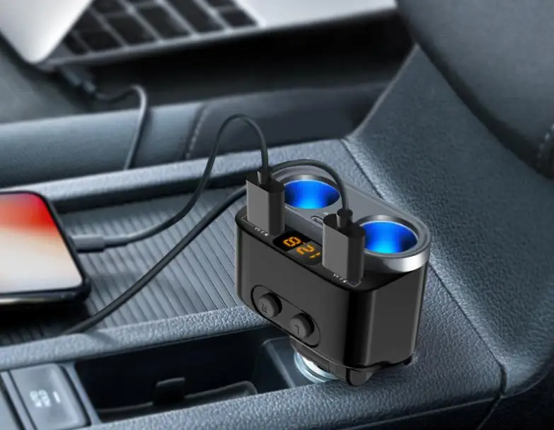 Qiilu Splitter Accendisigari Auto 3 In 1 Con Voltmetro E Doppia USB - Adattatore Di Potenza 12-24V Con Interruttore E Protezione Sovraccarico - 2