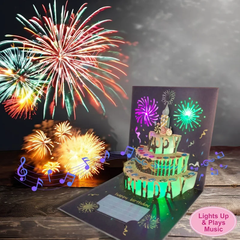 2024 Bulk 3D Pop-up Happy Birthday Greeting Cards Music Blowable Candle for Kids Women Offset Printing Hot Stamping Christmas