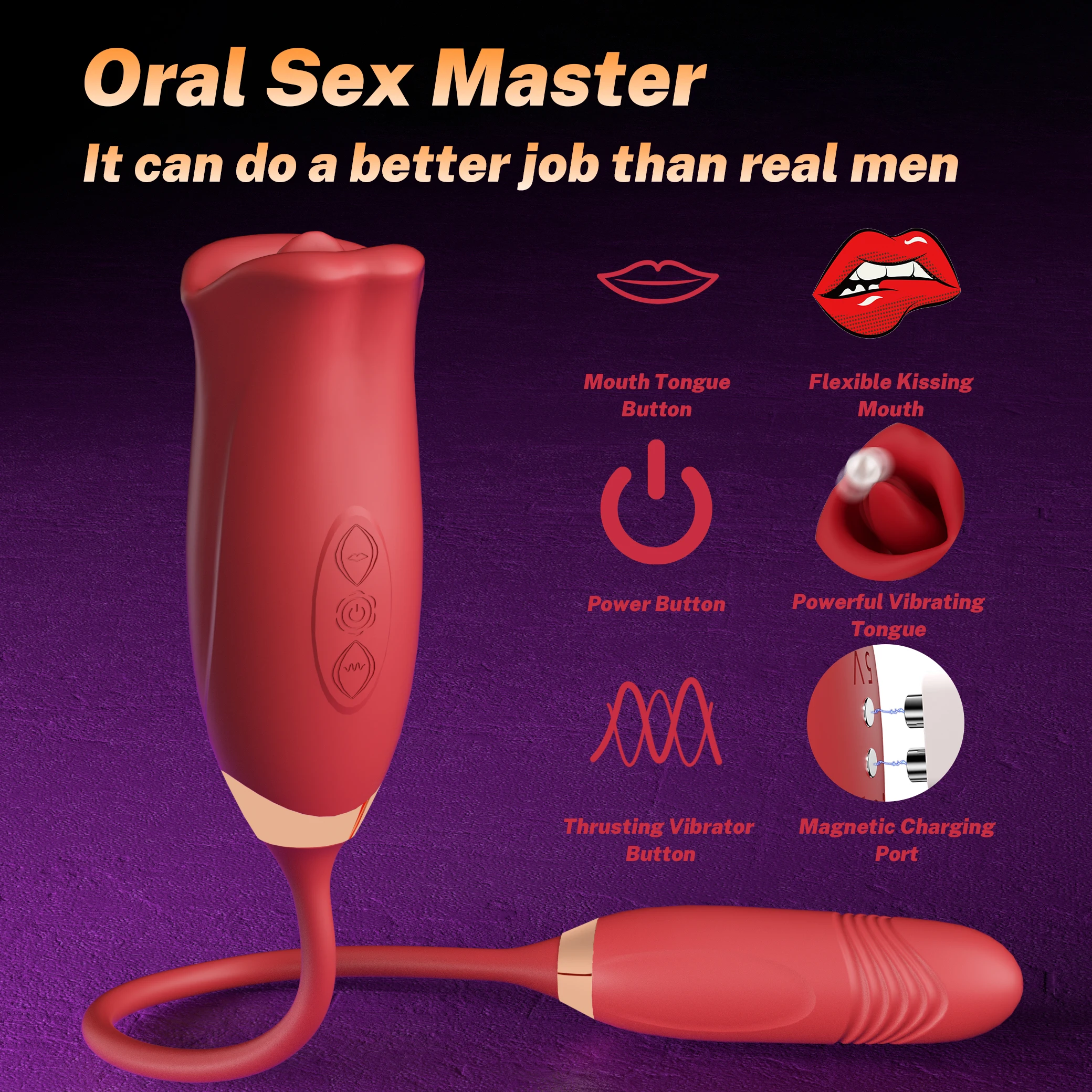 Hot Selling 2 in 1 Rose Shape Sucking Vibrator Tongue Licker Stimulator  Flower Adult Toys