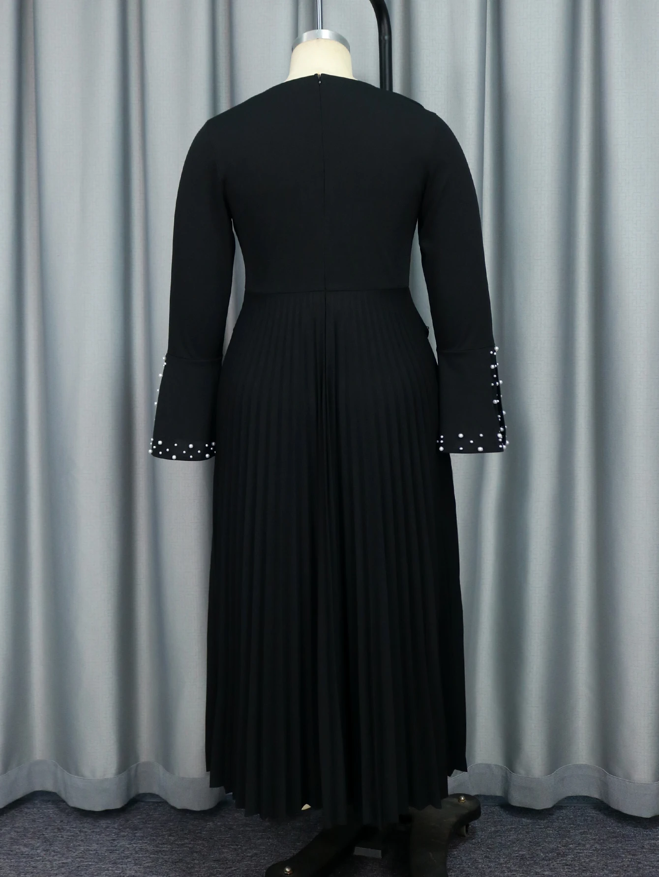 Elegant A-Line Full Bell Sleeve Black Dress for Funeral - Classic Womens Evening Gown with Beading and Pleats Elegant A-Line Full Bell Sleeve Black Dress for Funeral - Classic Womens Evening Gown with Beading and Pleats