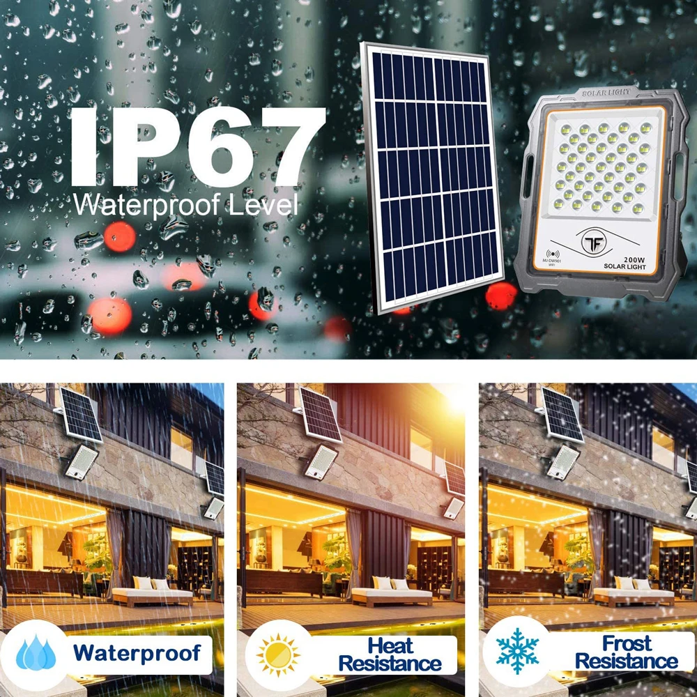 100 200 300w IP67 Waterproof Led Motion Sensor Solar Powered Rechargeable Security Warm White Flood Light Remote Control Outdoor details