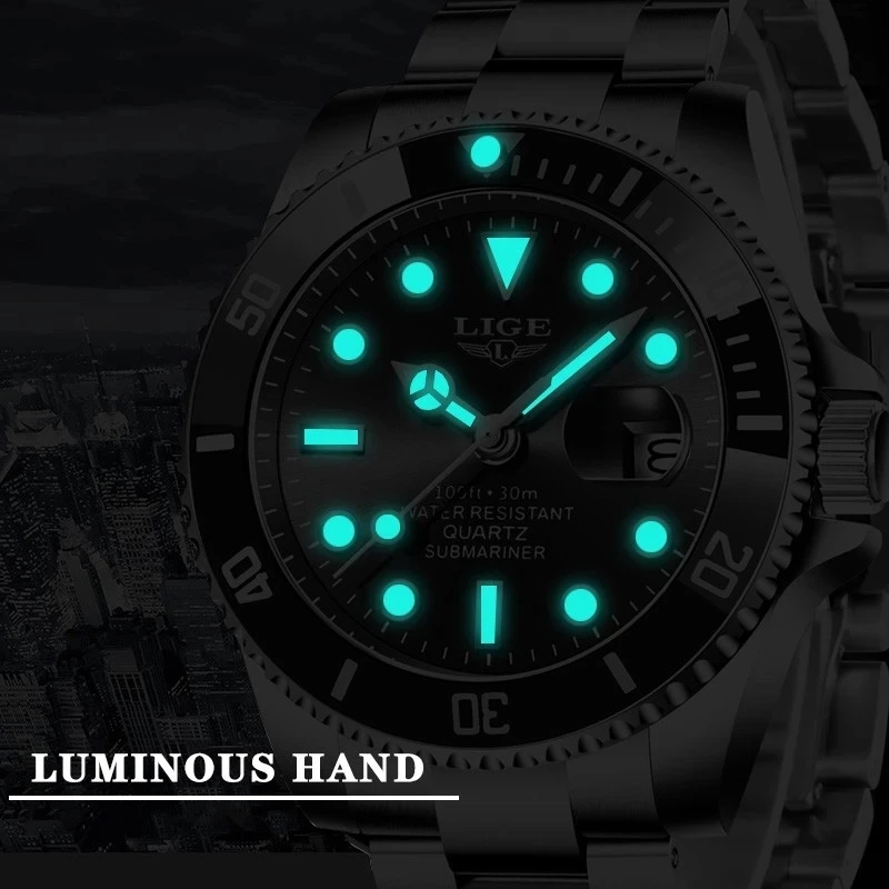 Montre Homme LIGE - Cadran Noir, Bracelet Acier Inoxydable, étanche, Neuve Avec étiquettes