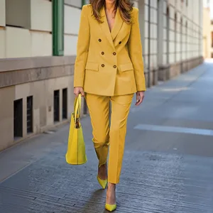 Women Fashion 2-Piece Suits Notched Lapel Long Sleeve Pant Sets Elegant Office Lady Solid 2pcs Outfits