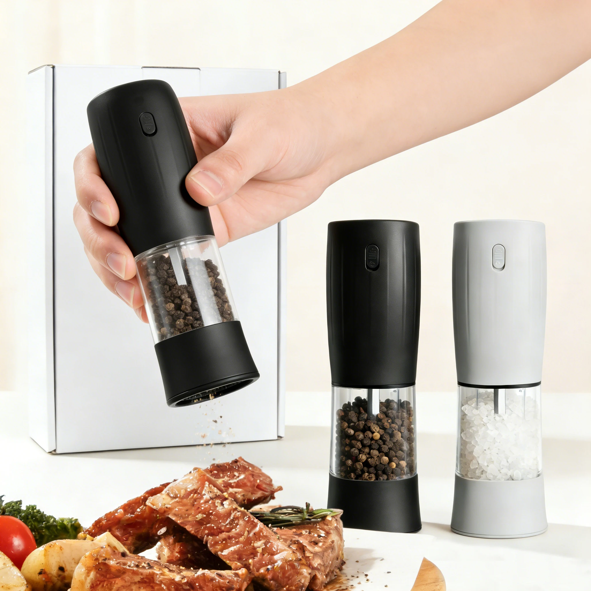 Pengisar Garam dan Lada Bateri Berkuasa Plastik Berasaskan Graviti dengan Operasi Elektrik, Set Pengisar Garam dan Lada dengan Ketajaman Laras dan Lampu LED