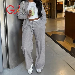 GX6455 Fashion 2026 Fall Women Clothing Boutique Street Wear Long Sleeve Stripped Shirt and Wide Leg Pant 2 Piece Set