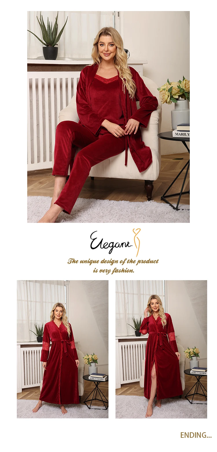 Ashely Elegant Winter Woman Fleece Unisex Burgundy Velvet Custom Robe