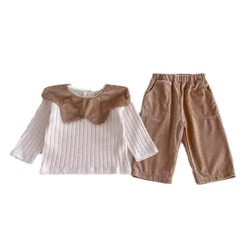 2024 spring and autumn baby girl clothing set new style lotus leaf lapel bottoming shirt corduroy casual pants baby suit