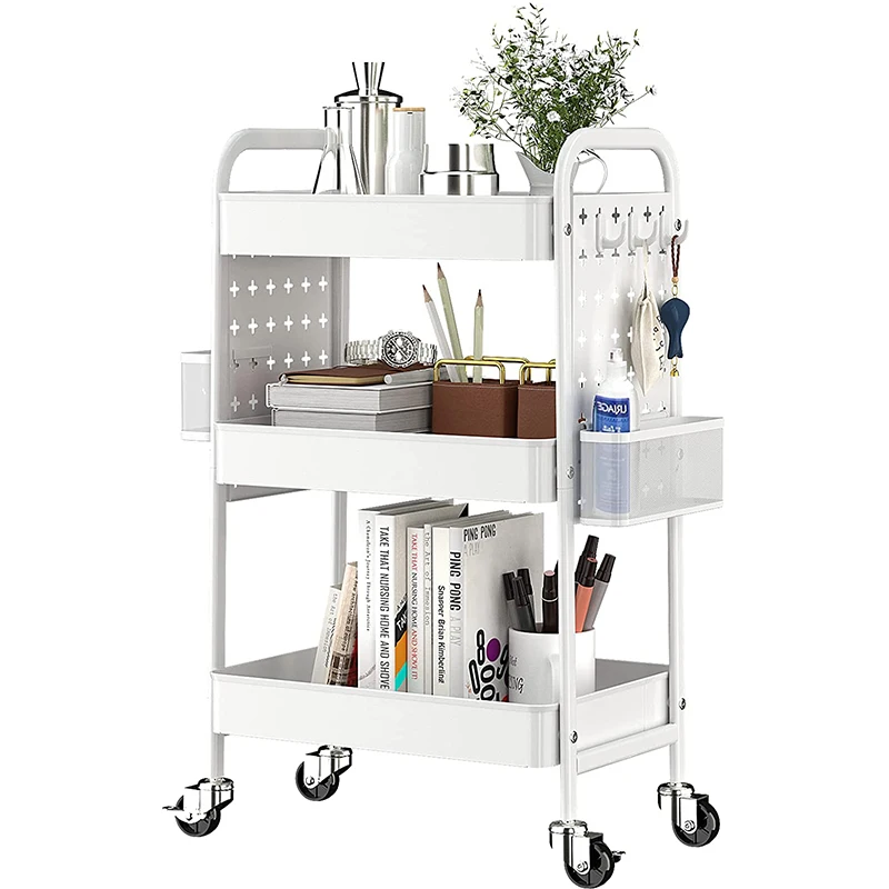 OEM & ODM 3 Tier Utility Rolling Cart DIY Pegboard Kitchen Organizer Storage Rack Trolley With Handle
