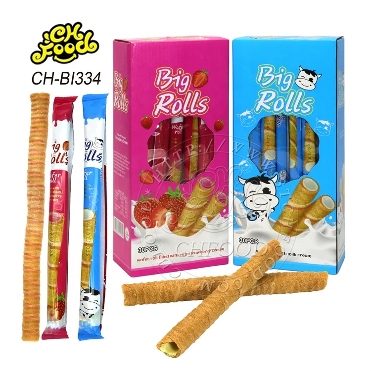 Halal Sweet Strawberry Chocolate Milk Flavor Long Stick Crispy Wafer Egg Roll OEM Biscuits Wholesale