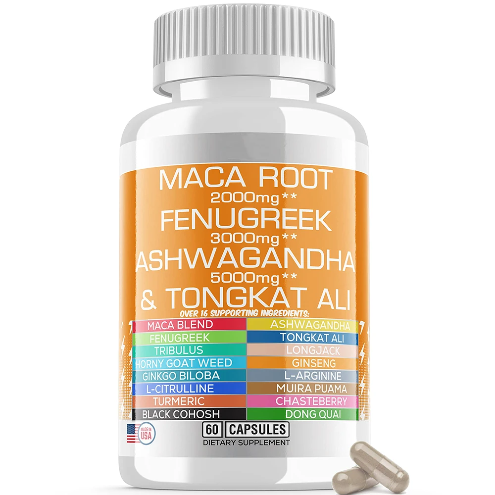 OEM Maca Root Capsules with Fenugreek Ashwagandha Tongkat L Arginine  Ginseng Energy All in 1 Stamina Supplement