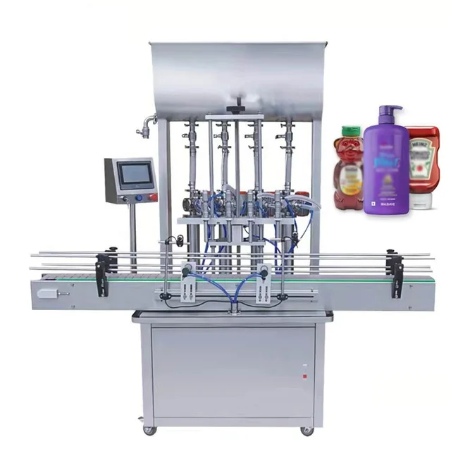 Automatic 4-head  Hopper Pneumatic Paste Filling Machine With mixing hopper cooking oil  peanut can filling line machine