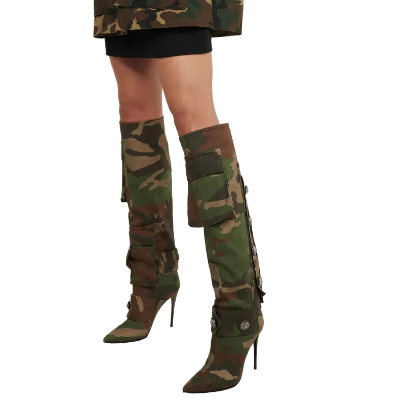Fashion Female Buckle Camo Stiletto Heel Over The Knee Boots Sexy Pointed High Heels Denim Boots - Image 2