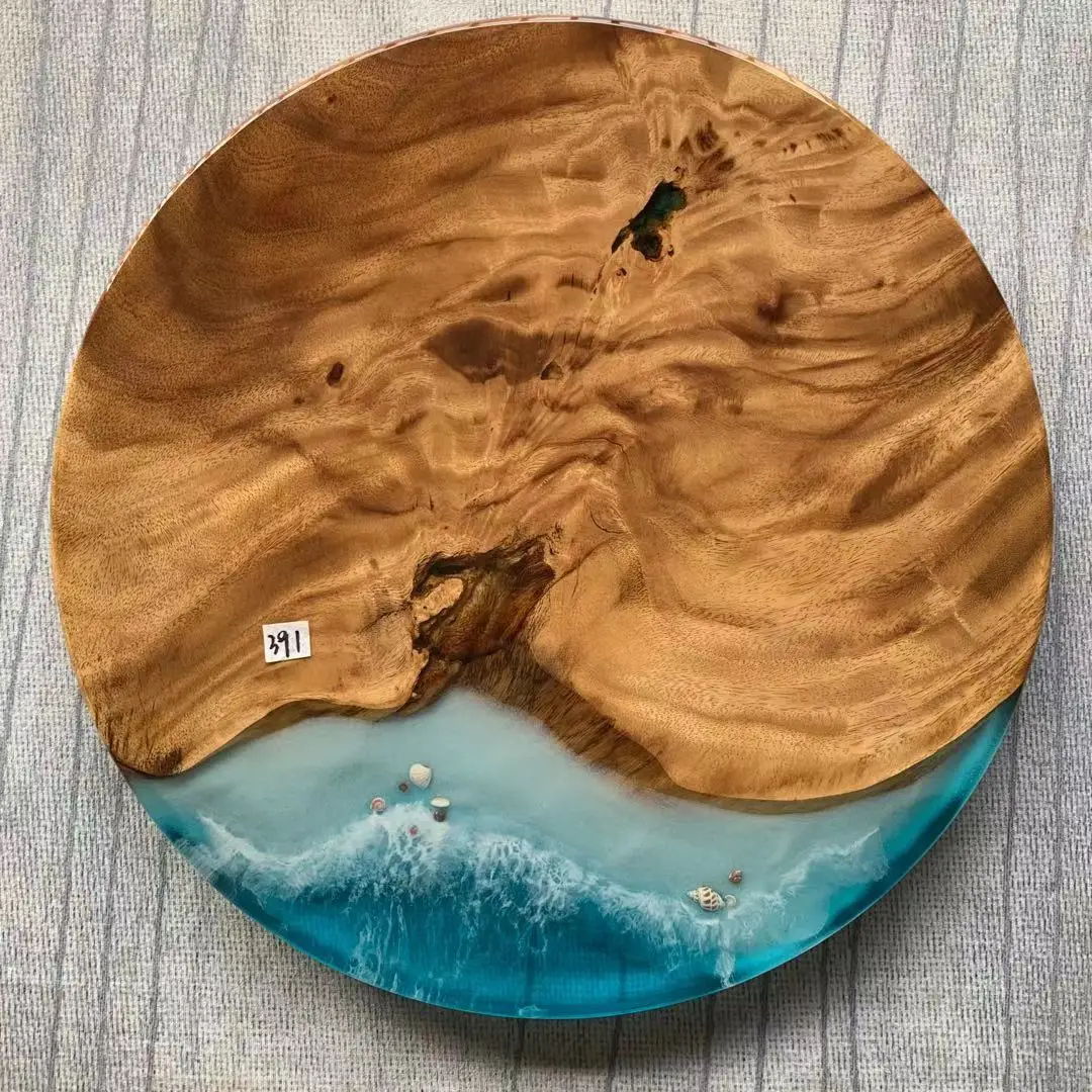 Luxury Support Logo Walnut Wood Round Dinner Clear River Blue Ocean Island Bar Dining Coffee Epoxy Resin Table Top