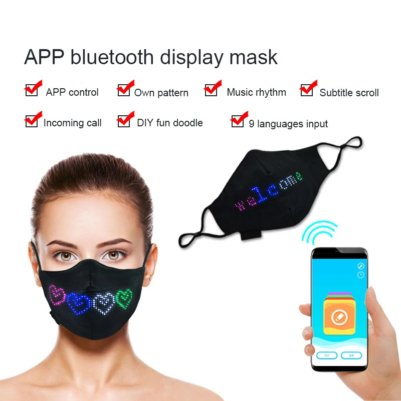 Led Light Display Cotton Face Mask Bluetooth App Controlled Cotton Halloween Led Mask