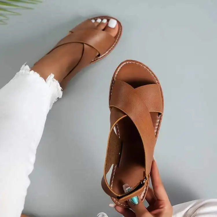 2024 summer plus-size cross with flat women retro solid color open toe beach slippers woman