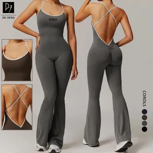 New Hollow-Out Cross Back Design Yoga Jumpsuits Flared Scrunch Leggings Workout Women Backless One Piece Active Wear Jumpsuit