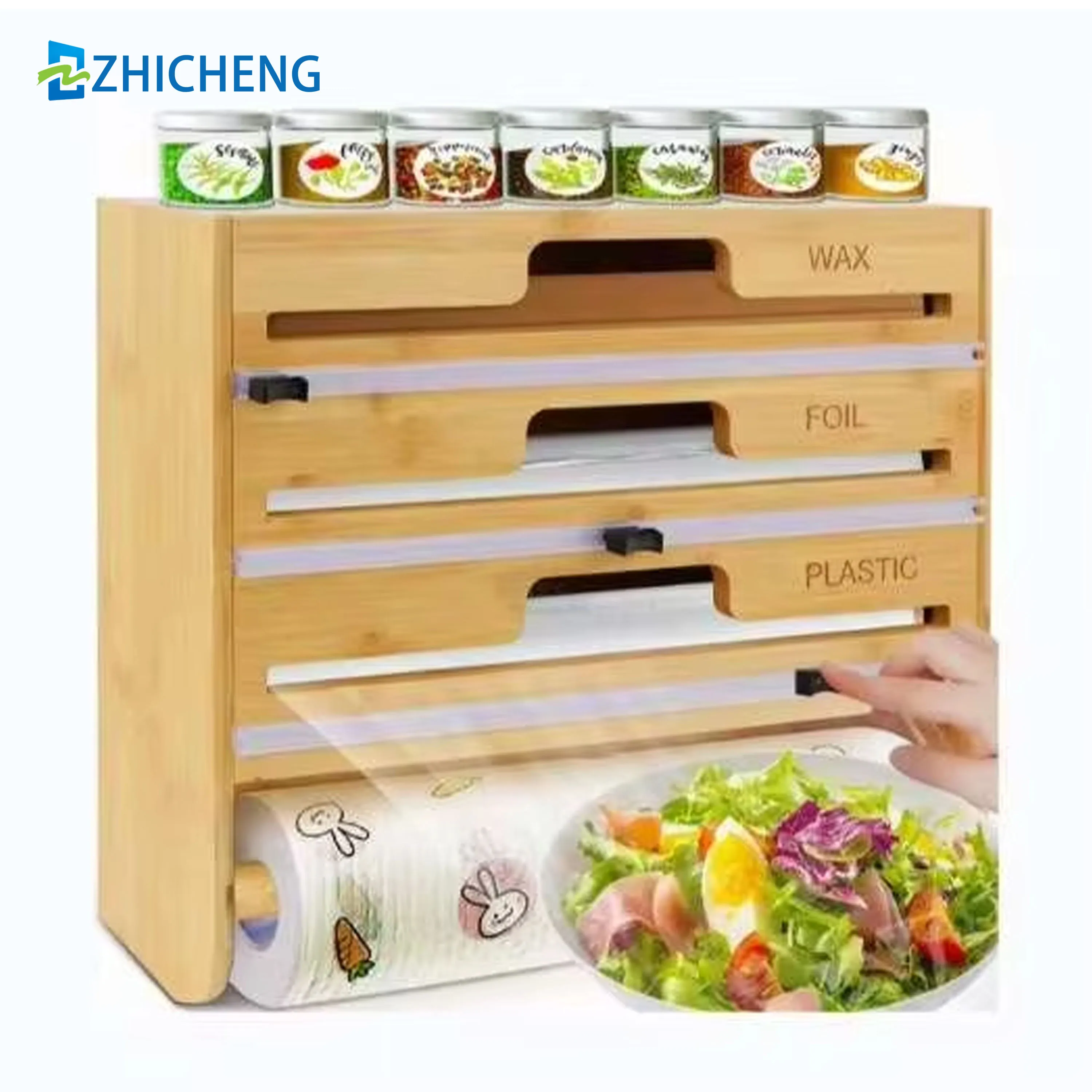 BambooPlastic Wrap Organizer Dispenser - Wall Mounted Paper Towel Holder & Spice Shelf