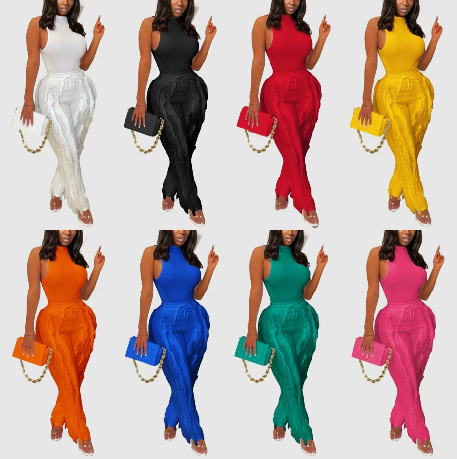 C0902TA8 High Quality Summer Solid Color Tassel Two Piece Pants Set Women Sehe Fashion