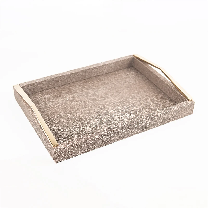 2PCS Rectangle MDF Wooden Serving Tray PU Leather Tray Storage