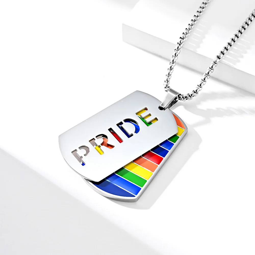Wholesale Custom Metal Lesbian Flag Pendant Colorful Enamel Lgbtq Lgbt Gay Pride rainbow Dog Tag Necklace with logo for Peolple