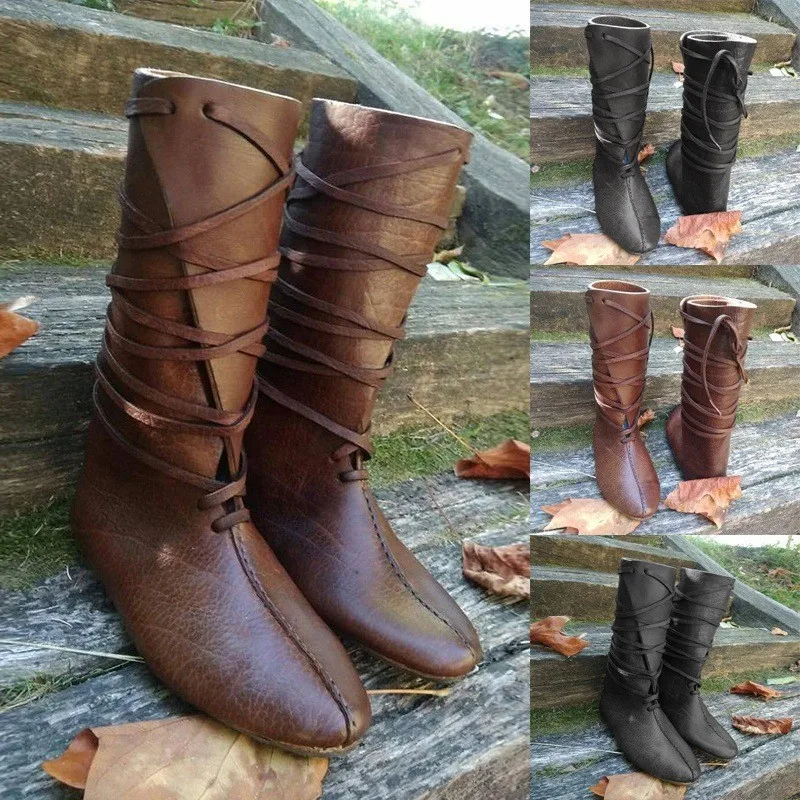 Middeleeuwse PU lederen ridderlaarzen Renaissance middeleeuwse cosplaylaarzen Heren vintage laarzen met platte bodem veterschoenen,Bruin,39