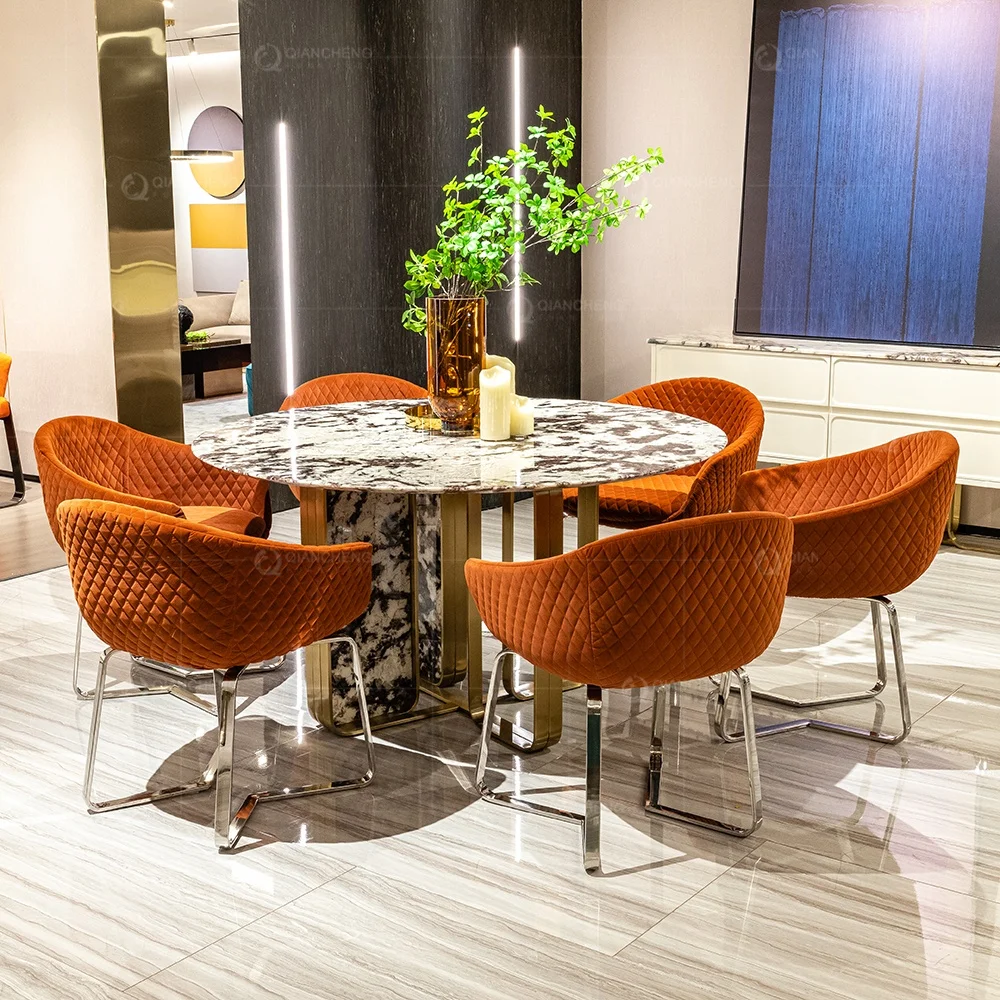 Design Style 12 Seater White Round Concrete Dining Table Feature Gold Steel Marmur Luxury Dining Room Table and Velvet Chairs
