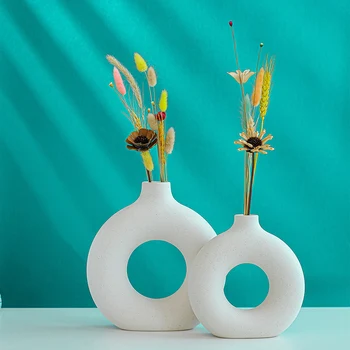 Nordic Dried Flower Arrangemet Home Decoration Accessories Office Desktop Living Room Flower Vase Ceramic Donut Vase Set