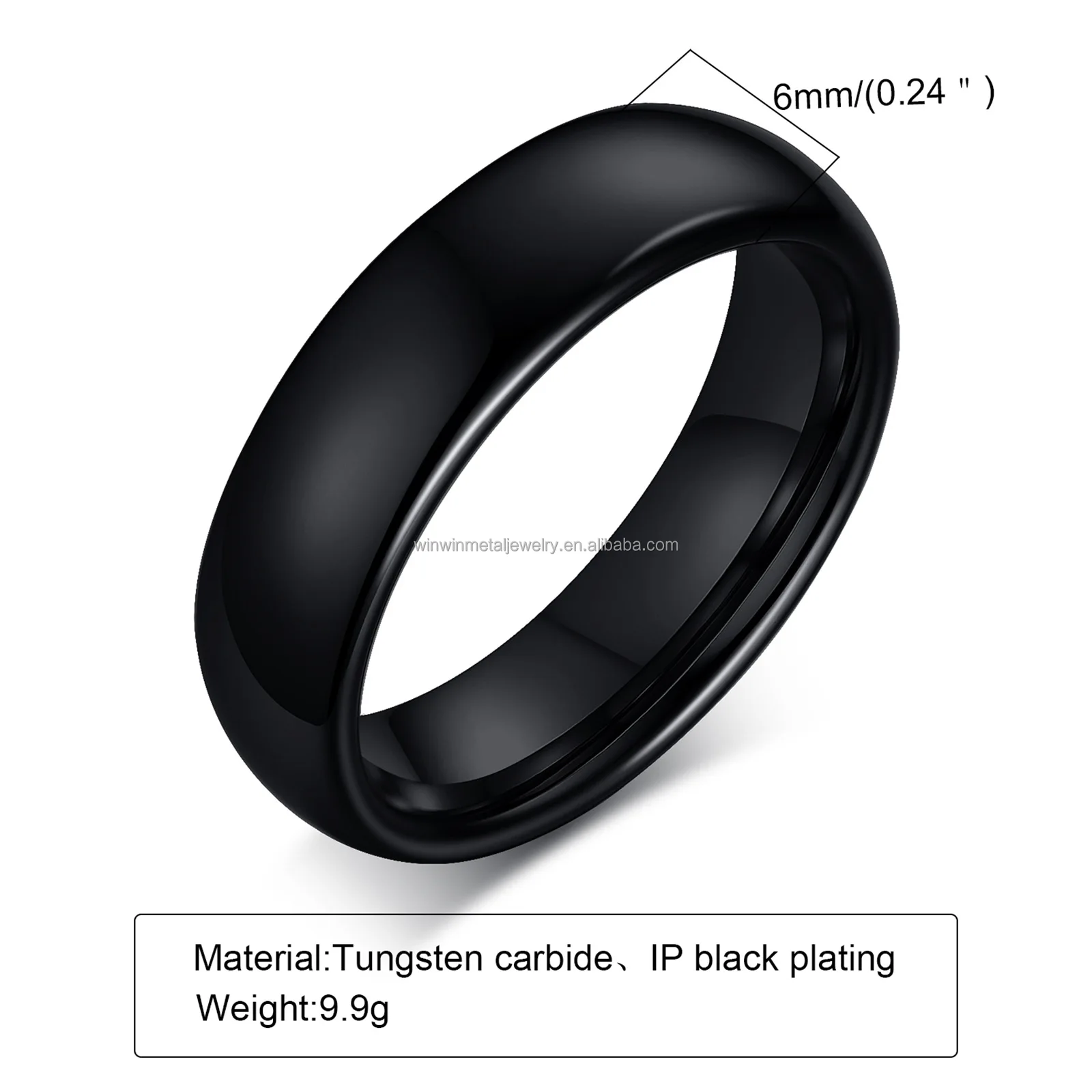 6mm Simple Classic Black Polished Tungsten Wedding Band Ring Trendy Gift for Engagement and Parties