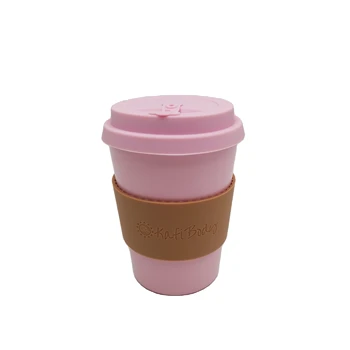 Cosmetics company gifts 12 OZ 350 ML pink color bamboo fiber coffee cups brown silicone band with debossed logo