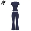 Completo con Top a Maniche Corte Blu Navy e Pantaloni a Zampa