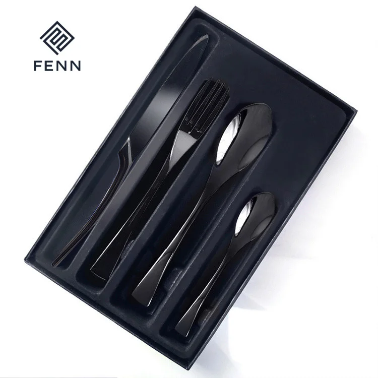 product fenn wholesale luxury 4pcs stainless steel flatware knife spoon and fork set mirror silver black color hotel wedding cutlery set-59