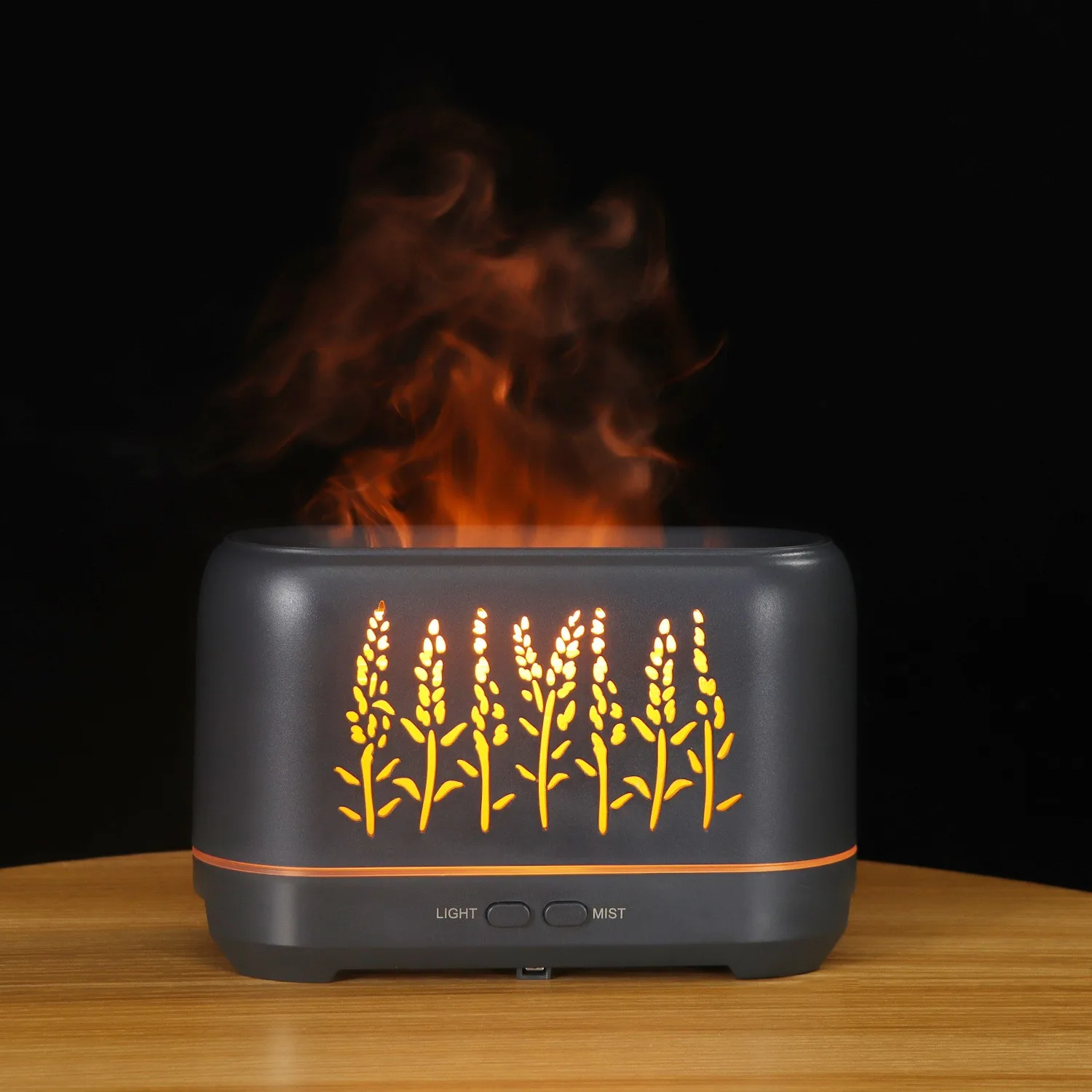 Factory Wholesale Simulated Flame Humidifier Wooden Hollow Volcano Perfume Machine Desk Silent Flame Fumigation Lamp